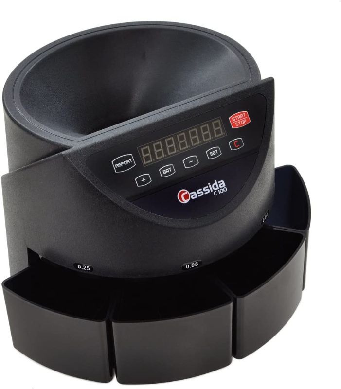 Photo 1 of Cassida C100 Electronic Coin Sorter/Counter, Countable coins 1¢, 5¢, 10¢, 25¢, 250 coins/min, 110 VAC
