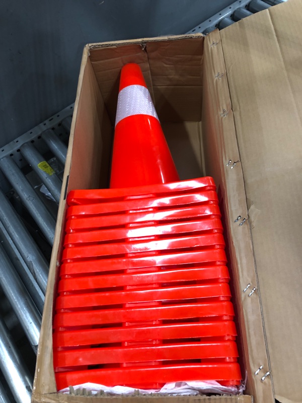 Photo 2 of [ 12 Pack ] 18" Traffic Cones PVC Safety Road Parking Cones Weighted Hazard Cones Construction Cones for Traffic Fluorescent Orange w/4" Reflective Strips Collar