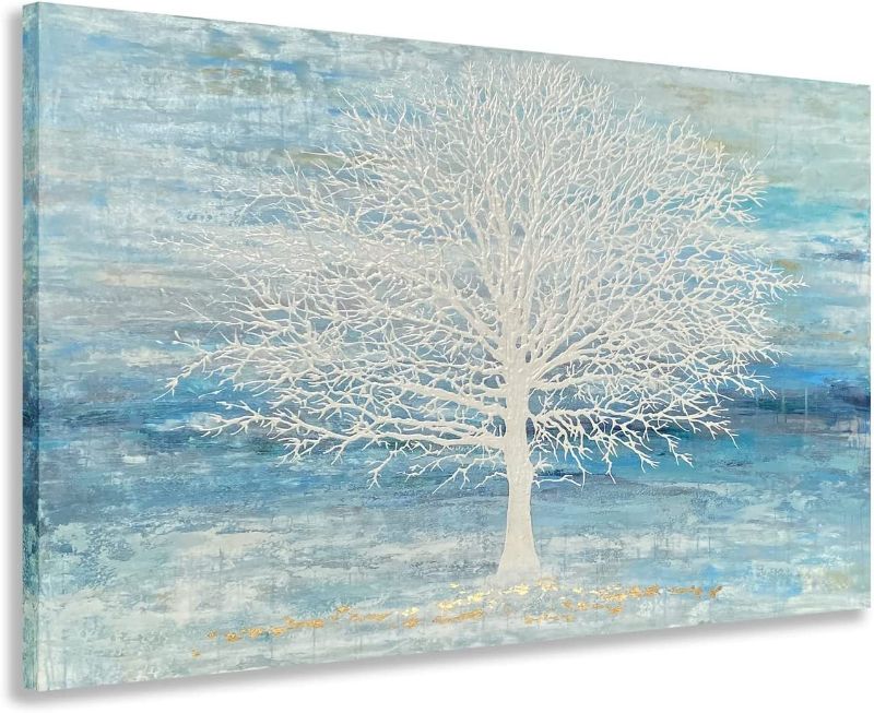 Photo 1 of RFDEPOT ARTS Tree Canvas Wall Art - Hand Painted Large Teal and Blue Paintings with Gold Foil, Modern Abstract Tree of Life Picture for Living Room Bedroom...
