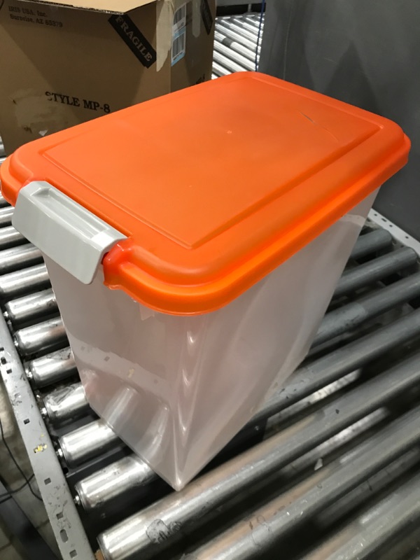 Photo 2 of IRIS USA 3-Piece 35 Lbs / 45 Qt WeatherPro Airtight Pet Food Storage Container Combo with Scoop and Treat Box for Dog Cat and Bird Food, Keep Pests Out, Translucent Body, Easy Mobility, Orange
