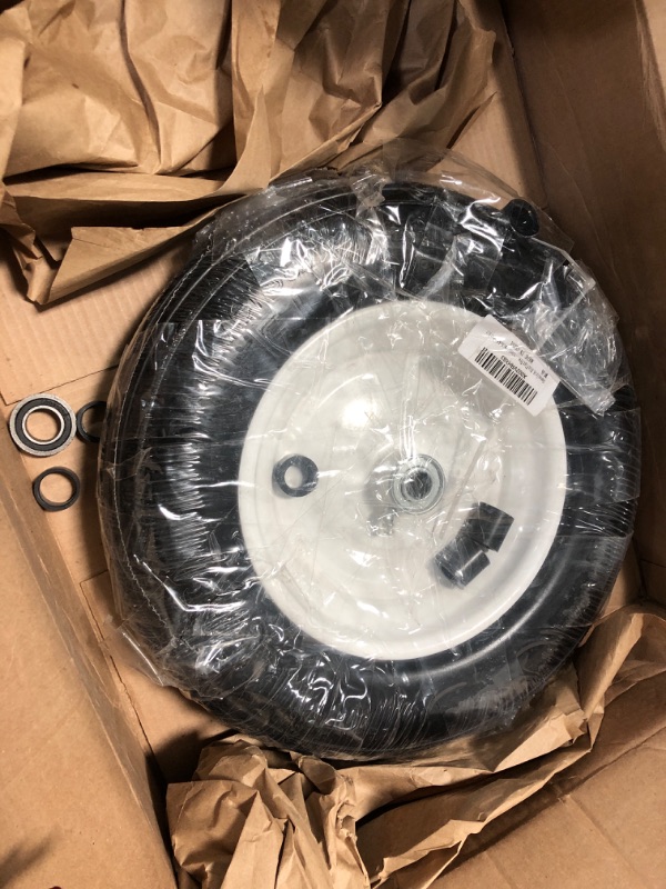 Photo 2 of 14.5"Flat Free Wheelbarrow Tire with 3/4 & 5/8 Wheel Bearing, 3" Hub 13"-16" Universal Fit Air Less Tire 4.80/4.00-8 for Garden Cart Wagon Ribbed Tread Axle hole 16mm Foamed Polyurethane Tire