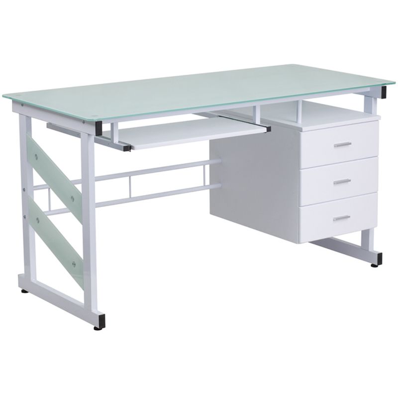 Photo 1 of Flash Furniture White Computer Desk with Frosted Glass Top and Three Drawer Pedestal, Model# NAN-WK-017-GG
