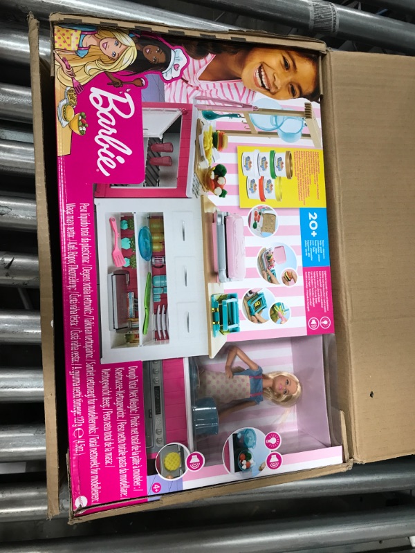 Photo 2 of Barbie Kitchen Playset with Doll, Lights & Sounds, Food Molds, 5 Dough Colors and 20+ Accessories Frustration Free