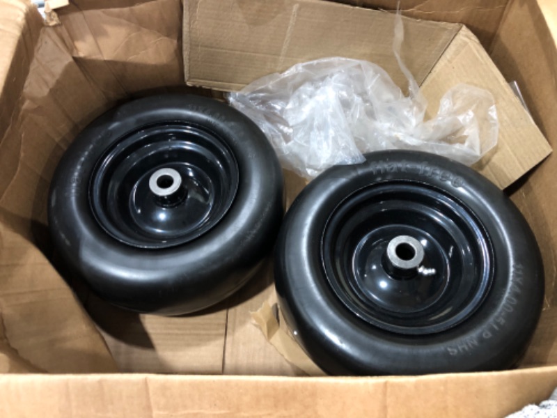 Photo 2 of **MISSING HARDWARE**
(2 Pack) Universal Fit 11x4.00-5 Flat Free Lawn Mower Tires and Wheel - Solid Rubber Lawnmower Tires with 3.4" Centered Hub and 3/4" Sintered Iron Bushings (Model Number 00232) 11 x 4.00-5 Flat-Free Black