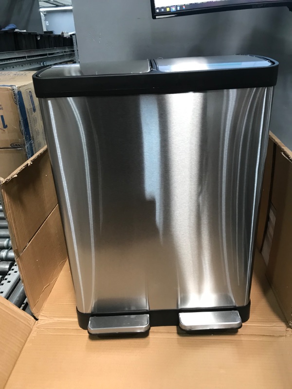 Photo 1 of iTouchless SoftStep 16 Gallon Kitchen Step Trash Can & Recycle Bin with Double Odor Filters and Removable Color-Coded Buckes, Stainless Steel, 2 x 8 Gallon (30L), Soft Close Lid and Airtight Seal Softstep 8+8 (Filters) Trash Can