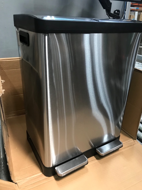 Photo 1 of iTouchless SoftStep 16 Gallon Kitchen Step Trash Can & Recycle Bin with Double Odor Filters and Removable Color-Coded Buckes, Stainless Steel, 2 x 8 Gallon (30L), Soft Close Lid and Airtight Seal Softstep 8+8 (Filters) Trash Can