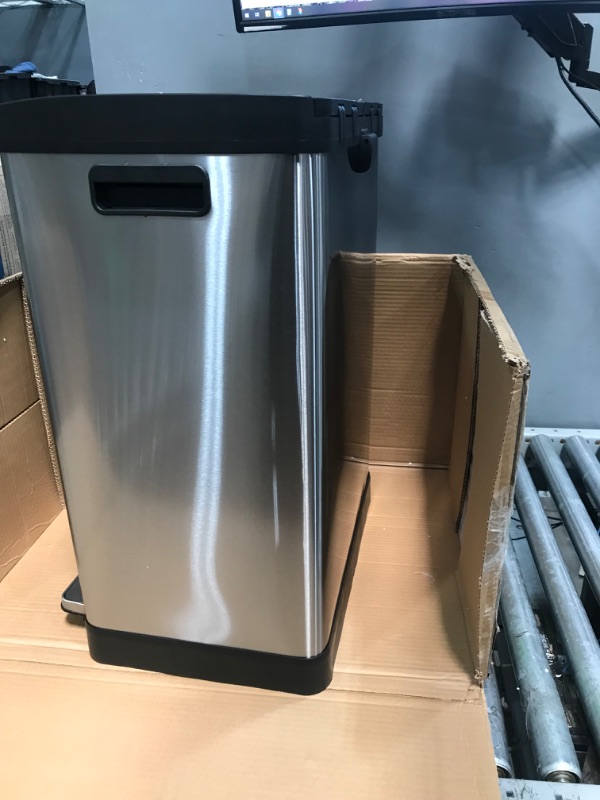 Photo 1 of iTouchless SoftStep 16 Gallon Kitchen Step Trash Can & Recycle Bin with Double Odor Filters and Removable Color-Coded Buckes, Stainless Steel, 2 x 8 Gallon (30L), Soft Close Lid and Airtight Seal Softstep 8+8 (Filters) Trash Can