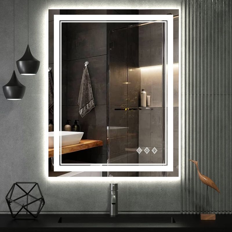 Photo 1 of  LED Bathroom Mirror, 24x32 Inch Gradient Front and Backlit LED Mirror for Bathroom, 3 Colors Dimmable CRI>90 Double Lights, IP54 Enhanced Anti-Fog, Hanging Plates Wall Mount Lighted Mirror
