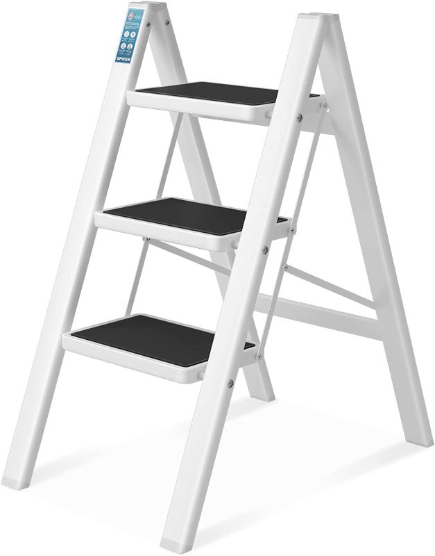 Photo 1 of 3-Step Ladder, SPIEEK Folding Step Stool with Wide Anti-Slip Thickened Pedal, Foldable Ladder 330 Lbs Capacity, Kitchen Step Stool for Adults, Lightweight Folding Ladder, White
