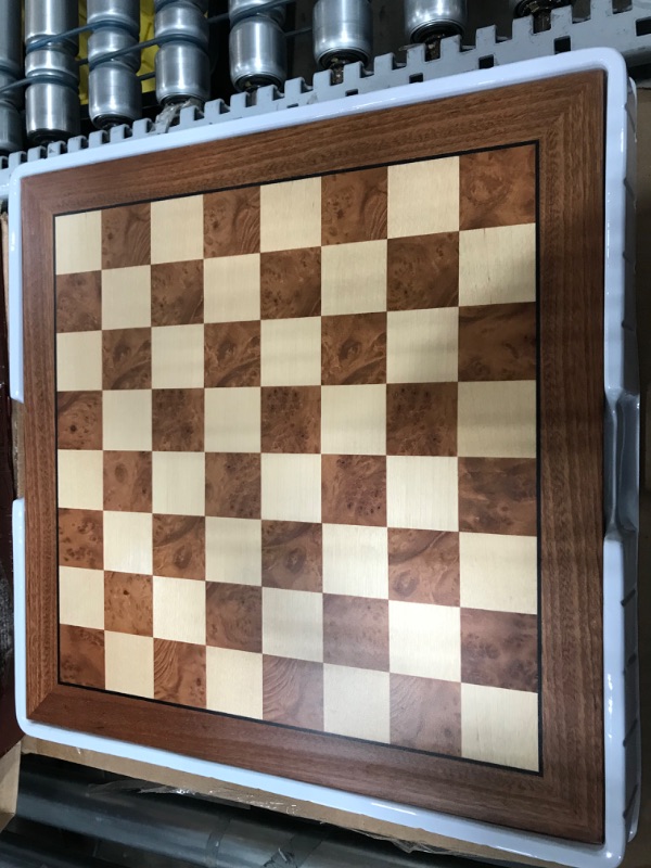 Photo 2 of Hayes Inlaid Maple, Mahogany, and Sapele Wood Chess Board with Metal Pieces, 2.5 Inch King, and Extra Queens (Large 15 x 15 Inch Set)