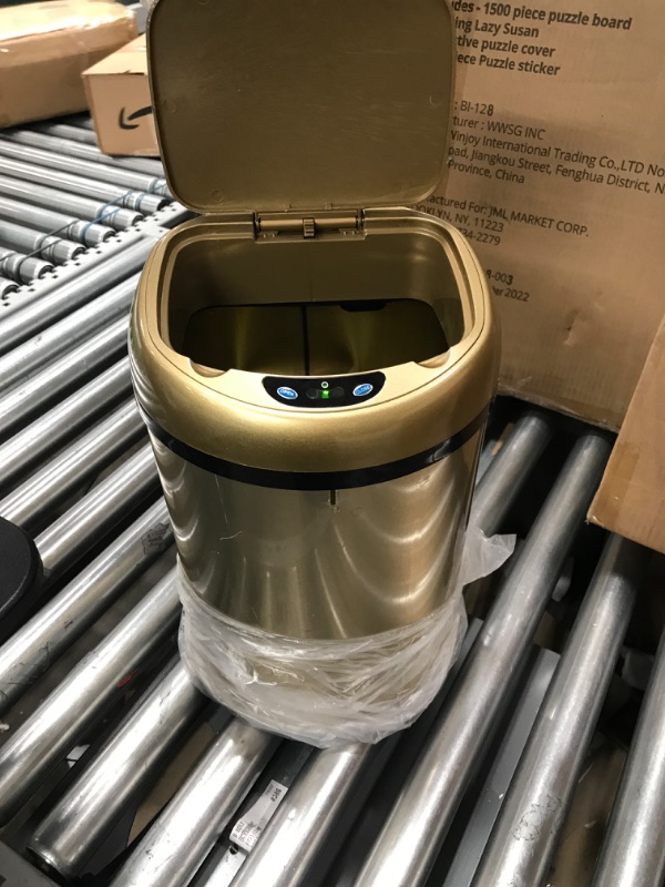 Photo 2 of ***Small dent due to prior use.***
Smart Trash Can 3.5 Gallon Stainless Steel Garbage Can with Automatic Packaging Function, Touchless Trash Can, Intelligent Induction Trash Bin for for Bathroom Kitchen Office(Champagne Gold)