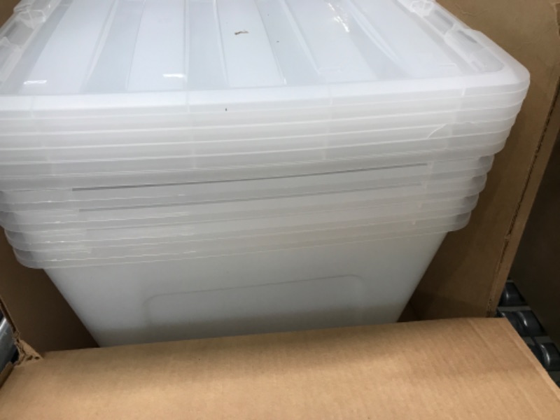 Photo 2 of ***Some cracking due to shipping and handling.***
IRIS USA 53 Qt. Plastic Storage Container Bin with Secure Lid and Latching Buckles, 6 pack - Clear, Durable Stackable Nestable Organizing Tote Tub Box Sports General Organization Garage Large