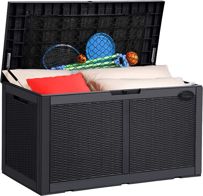 Photo 1 of 
YITAHOME 100 Gallon Large Deck Box w/Storage Net, Resin Outdoor Storage Boxes, Waterproof Patio Cushion Storage Bench for Patio Furniture, Pool Supplies,