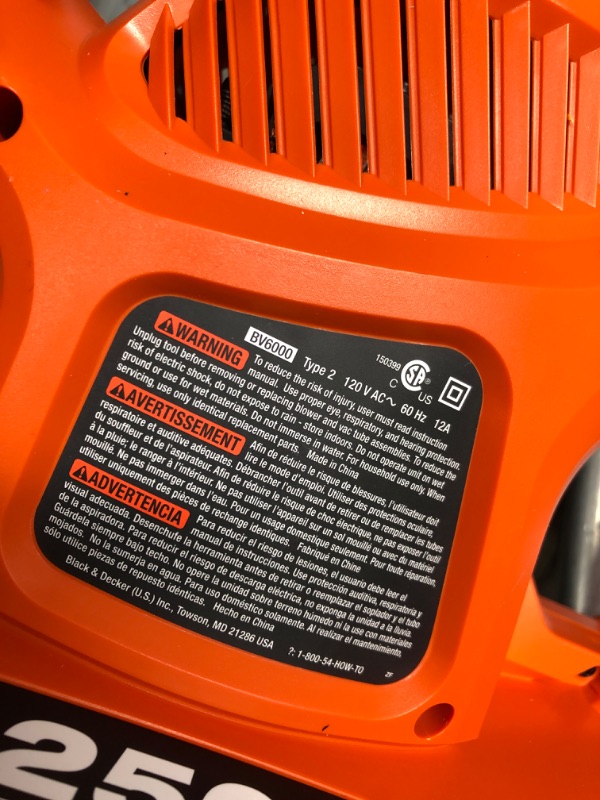 Photo 4 of *Unable to Test* BLACK+DECKER Leaf Blower & Leaf Vacuum, 3-in-1, 12-Amp, 250-MPH, 400-CFM (BV6000)