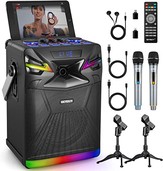 Photo 1 of GPSK-1 DSP Bluetooth Karaoke Machine with 2 Wireless mics, 6.25 inch PA System Support Live Streaming with Sound Effects/DJ Lights/FM Radio for Recording, YouTube, Tiktok, iOS, Android