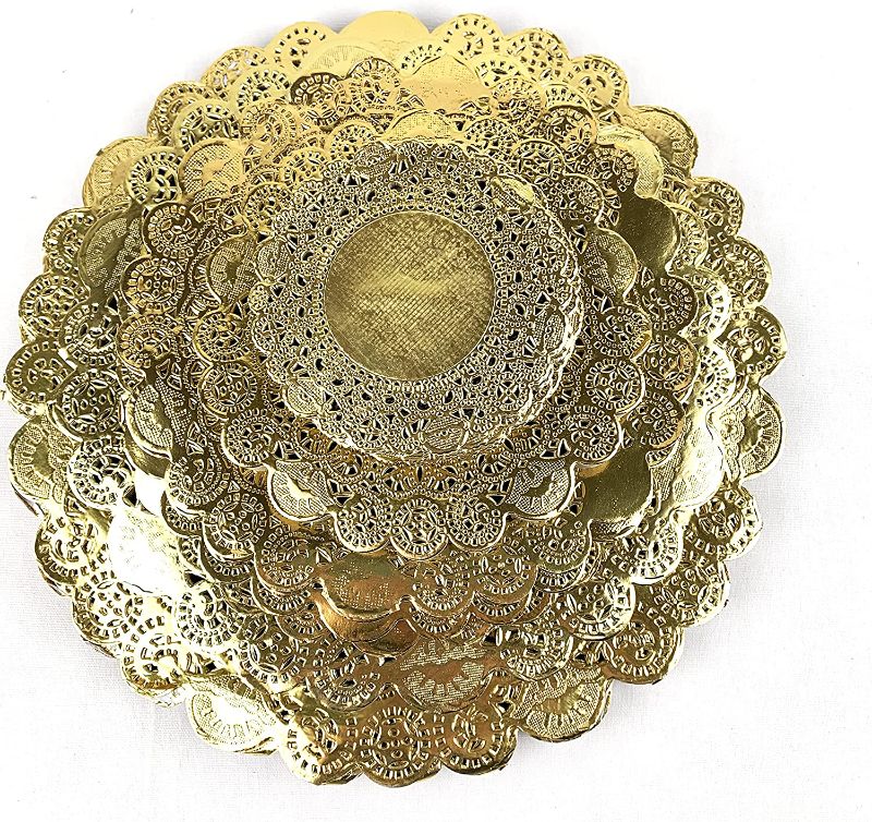 Photo 1 of 100pc Round Gold Metallic Foil Paper Doilies, Lace Paper Doilies (5 Sizes,4 in 6 in 8 in 10 in 12 in Inch), Gold