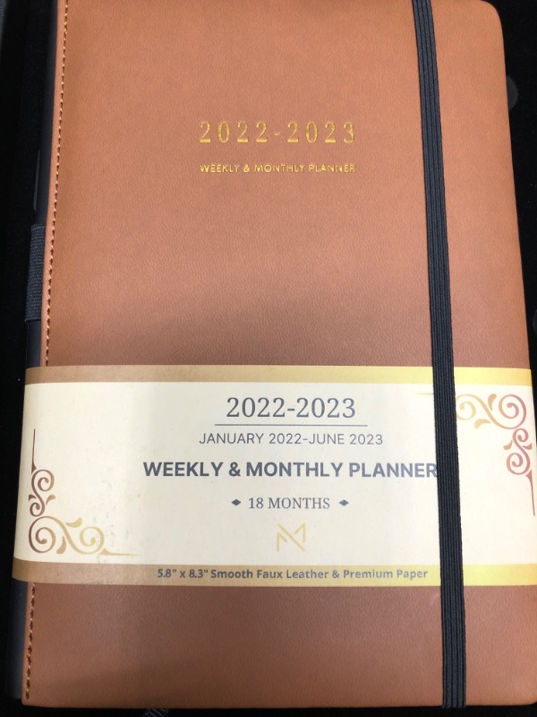 Photo 1 of Modern Mercantile Planner 2022-2023 - 5.8" x 8.3" Jan 2022 - June 2023 Monthly Planner with Weekly and Monthly Planning, Faux Leather Hard Cover, Gold Pen,