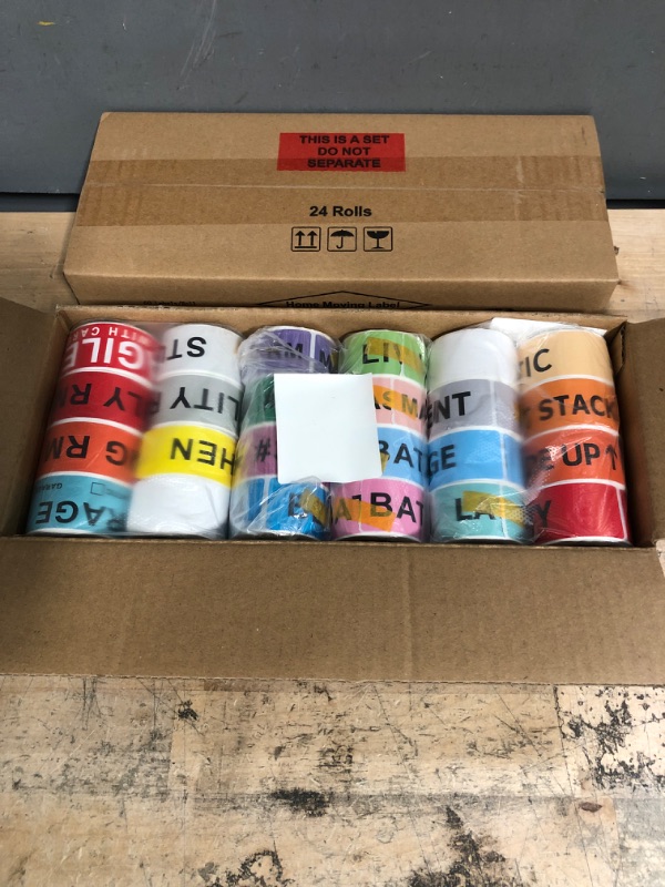 Photo 1 of 2 PACKS OF JinyaPack Moving Labels Color Coded 1440 Count, 21 Different Packing Supplies for Moving Boxes Stickers + 1 Roll Fragile Sticker + 2 Roll Blank Labels for Customized Moving Stickers 1" x 4.5" Moving | 24 Rolls
