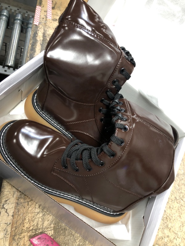 Photo 3 of DREAM PAIRS Women's Platform Combat Boots, Chunky Lug Sole Lace Up Leather Boots, Mid Calf Boots 7.5 Brown