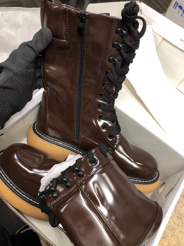 Photo 2 of DREAM PAIRS Women's Platform Combat Boots, Chunky Lug Sole Lace Up Leather Boots, Mid Calf Boots Size 8.5 Brown