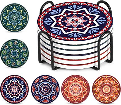 Photo 1 of 2 PACK ----LIFVER Drink Coasters with Holder, Absorbent Coaster Sets of 6,Mandala Style Ceramic Coaster with Cork Base for Tabletop Protection,Cool Home Decor - Christmas Decorations, 4 Inches
