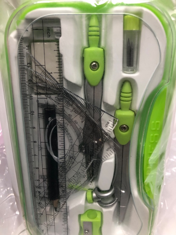Photo 2 of Unjoo Math Geometry Kit Sets 10 Piece Student Supplies with Shatterproof Storage Box,Includes Rulers,Protractor,Compass,Eraser,Pencil Sharpener,Lead Refills,Pencil,for Drafting and Drawings?Green?