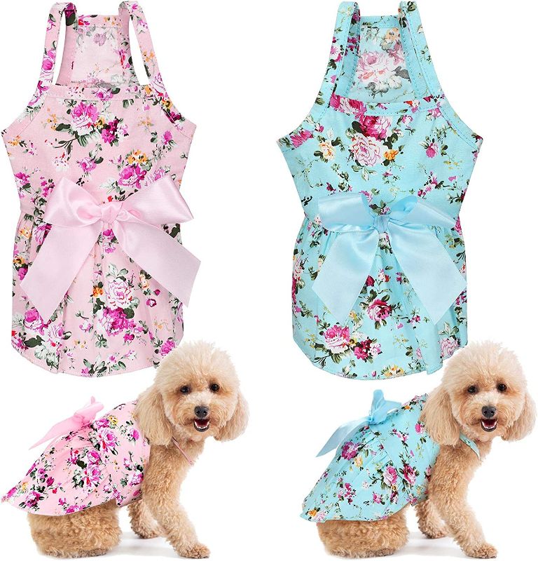 Photo 1 of 2 Pieces Dog Dress Girl Bowknot Floral Dress Cute Rosette Dog Sundress Dog Princess Dresses for Small Pet Puppy Dogs and Cats (Flower Pattern,S)