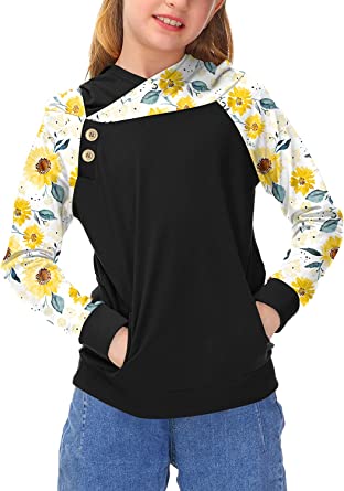 Photo 1 of BesserBay Girls Floral Color Block Hooded Sweatshirt with Kangaroo Pocket 4-12 Years