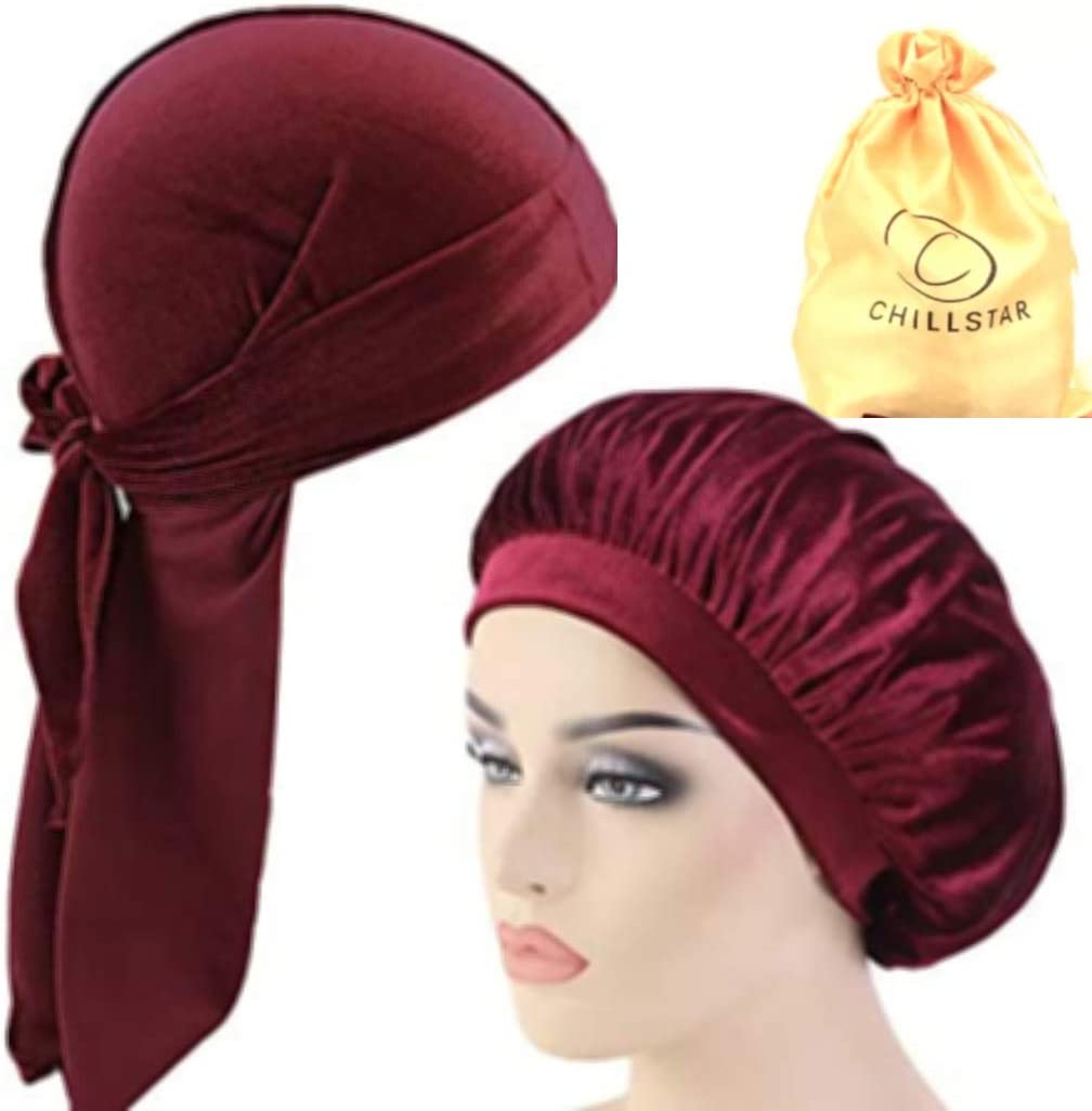 Photo 1 of CHILLSTAR (3PC) His & Her's Velvet Durag and Bonnet Set with Silk Travel Bag. Unisex Premium Headwraps for Men and Women. Sleep and Bath Cap for 360 Waves and Frizz-free Hair. (Burgundy)