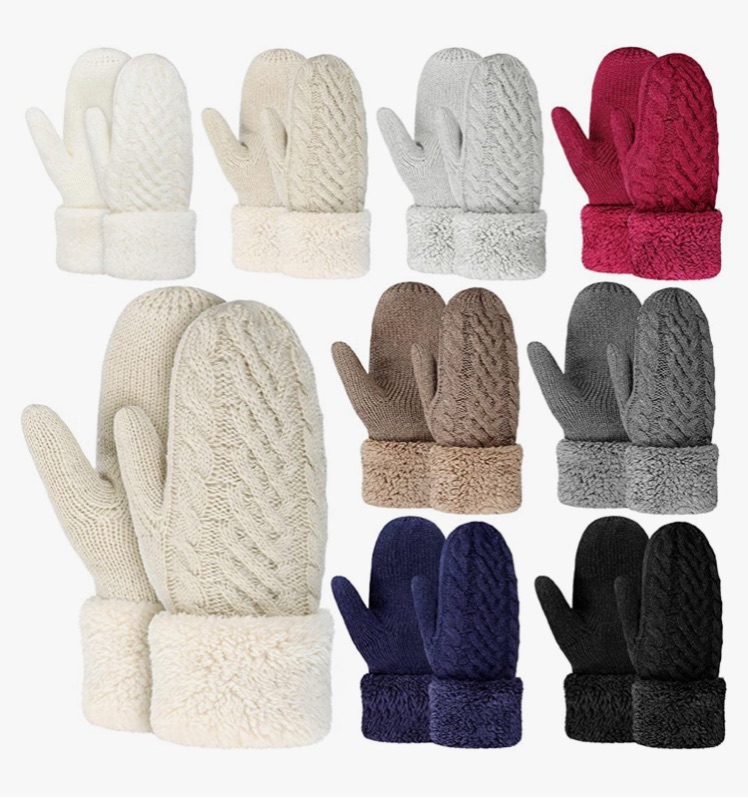 Photo 1 of 8 Pairs Women Winter Mittens Knit Gloves Warm Fleece Lining Mittens Double Wool Knitted Gloves Christmas Gifts Stocking Stuffers for Winter Cold Weather