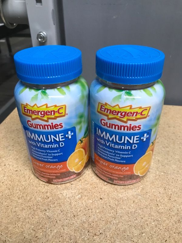 Photo 2 of 2-Pack Emergen-C Immune+ Immune Gummies, Vitamin D plus 750 mg Vitamin C, Immune Support Dietary Supplement, Caffeine Free, Gluten Free, Super Orange Flavor - 45 Count