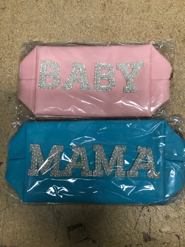 Photo 1 of 2 Pcs Preppy Patch Cosmetic Bag Pearl Rhinestone Letter Patches Makeup Bag Portable Small Toiletry Pouch Waterproof Zipper Purse Travel Organizer for Women Girls (Pink, Blue, BABY, MAMA) Pink, Blue BABY, MAMA