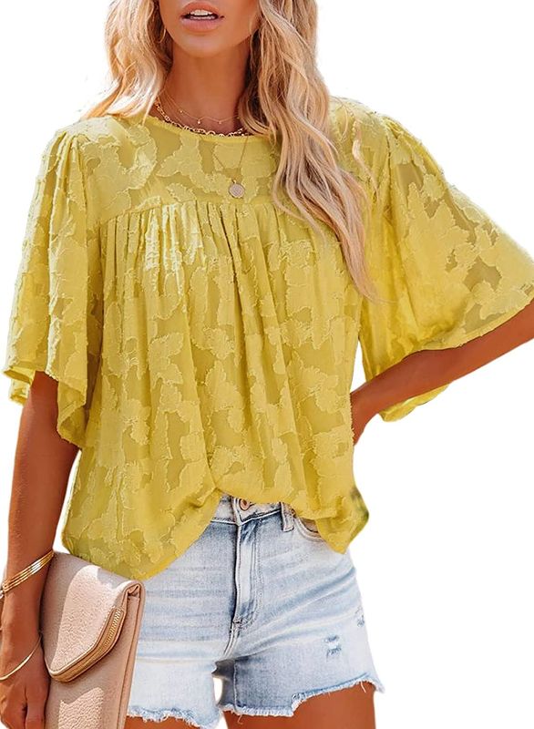 Photo 1 of Asvivid Womens Crewneck Ruffle 3/4 Bell Sleeve Blouse Babydoll Tops Lace Shirts Casual Loose Summer Tops