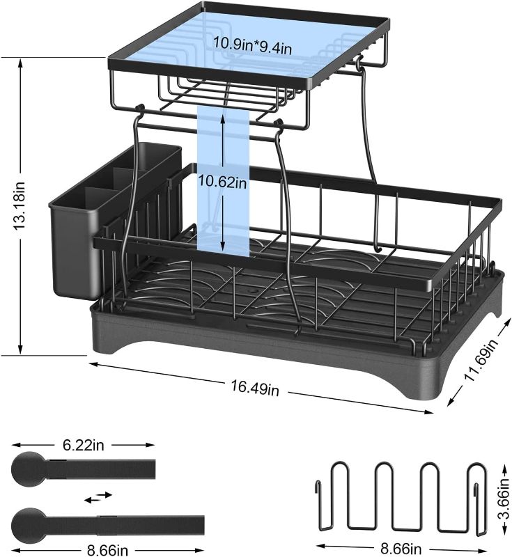 Photo 1 of 2 Tier Dish Drying Rack for Kitchen Counter, Aredy Black Metal Dish Drainers Rack with Drainboard, Large Dish Dryer with Detachable Cup Rack and Utensil Holder