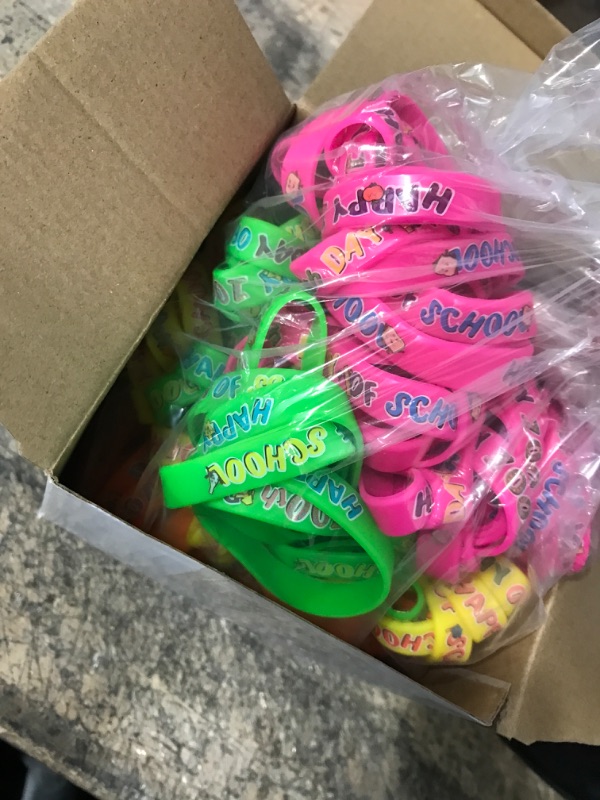 Photo 2 of 200 Pieces 100 Days of School Silicone Bracelets Colorful 100th Day of School Bracelets Colorful Silicone Wristbands Happy 100th Day of School Rubber Bracelets for Kids Children Gift