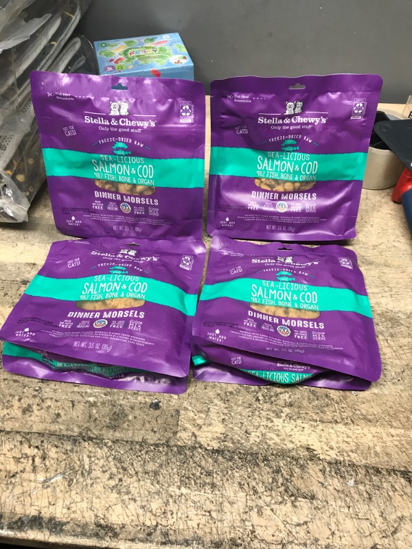 Photo 2 of 4 PACKS OF Stella & Chewy’s Freeze-Dried Raw Cat Dinner Morsels – Grain Free, Protein Rich Cat & Kitten Food – Sea-Licious Salmon & Cod Recipe – 3.5 oz Bag Morsels Salmon & Cod 3.5 Ounce  BEST BY 12/22/23