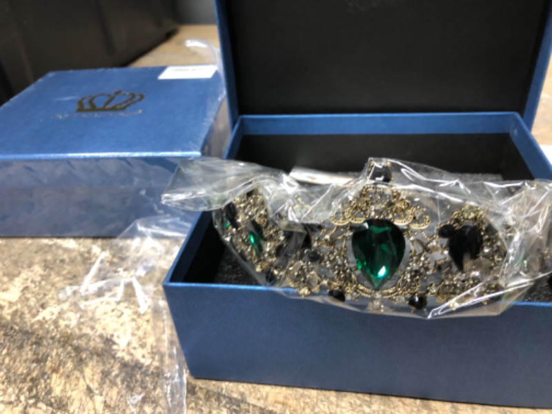 Photo 1 of 2 PK Black Green Baroque Queen Crown - Jeweled Tiaras and Crown for Women, Vintage Princess Rhinestone Crown, Bronze Costume Hair Accessories for Cosplay Birthday Party Black&green