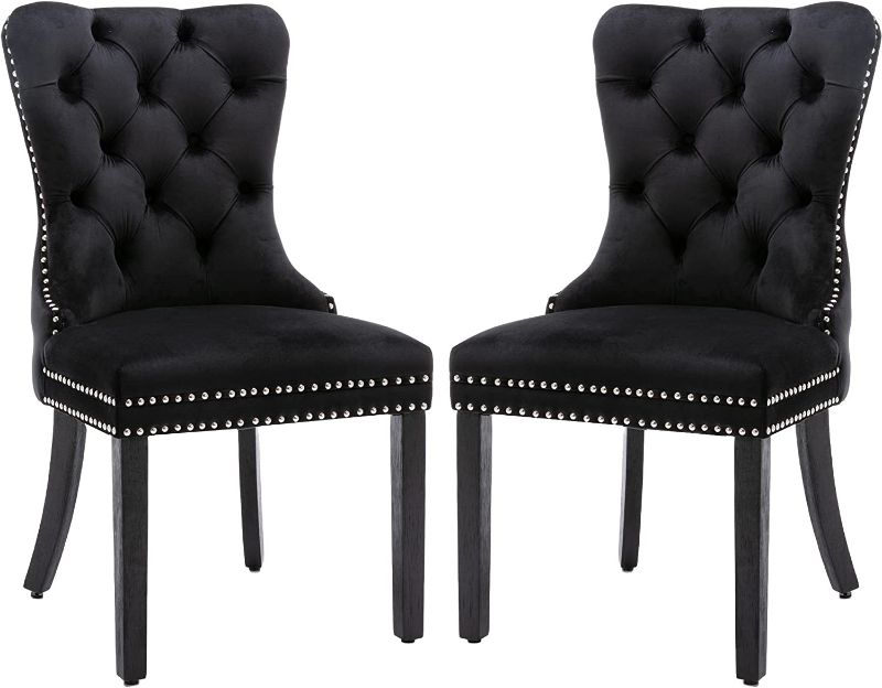 Photo 1 of ***INCOMPLETE*** Kiztir Velvet Dining Chairs Set of 2, Upholstered Dining Room Chairs with Ring Pull Trim and Button Back, Luxury Tufted Modern Dining Chair for Living Room, Bedroom, Kitchen set of 2 Black(Black Wooden Legs)