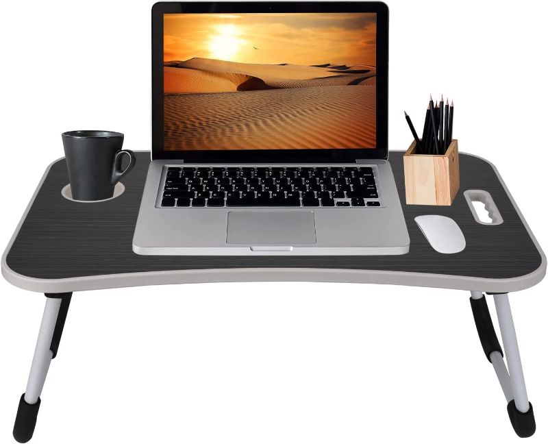 Photo 1 of Folding Lap Desk for Bed and Sofa - Portable Wide Surface Bed Desk with Built-in Cup Holder and Tablet or Phone Slot for Working, Studying, Eating, and Watching Movies (Dark Grey)
