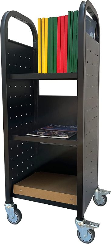 Photo 1 of Workington Single Bank Rolling Book Truck Book Cart with 3 Flat Shelves, Library Book Cart with Swivel Lockable Casters 3000 Black
