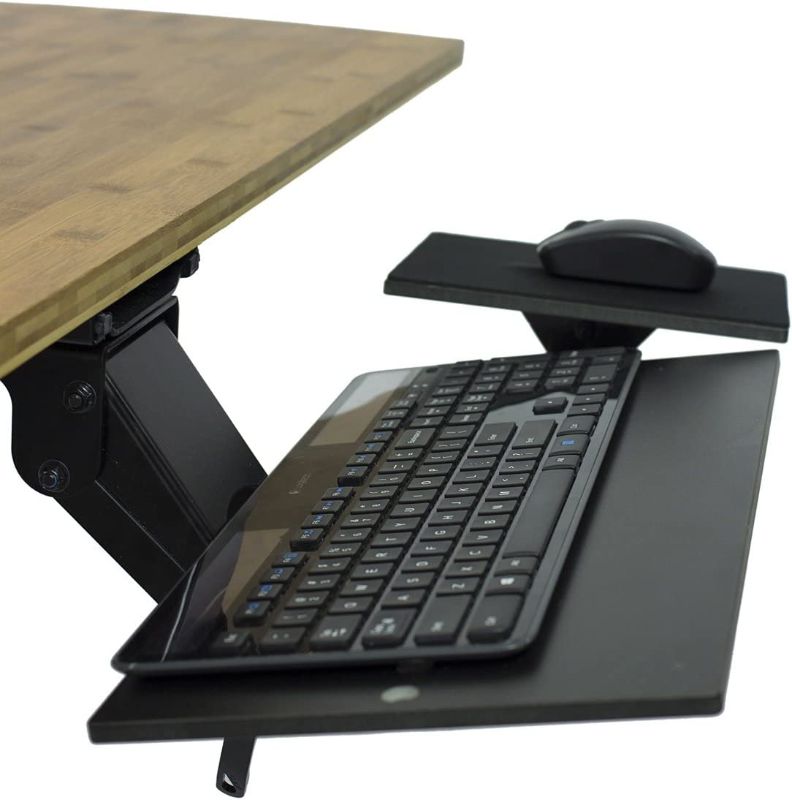 Photo 1 of KT1 Ergonomic Under-Desk Computer Keyboard Tray adjustable height angle negative tilt sliding pull out platform swivels 360 slides office products furniture desktop accessories with mouse pad black
