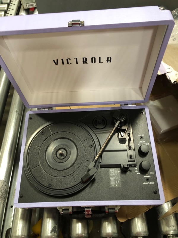 Photo 4 of Victrola Vintage 3-Speed Bluetooth Portable Suitcase Record Player with Built-in Speakers | Upgraded Turntable Audio Sound | Lavender (VSC-550BT-LVG) Lavender/Silver Record Player