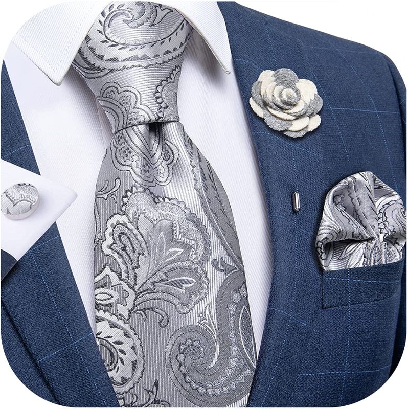 Photo 1 of DiBanGu Silk Tie Woven Handkerchief Men's Necktie and Lapel Pin Brooch Set Paisley Plaid Solid Floral
