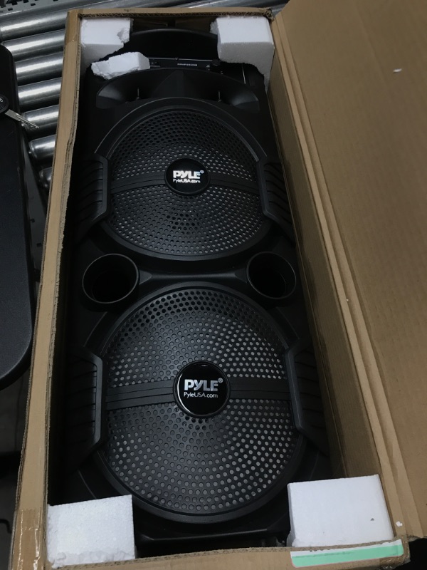 Photo 2 of Pyle Portable Bluetooth PA Speaker System - 600W Rechargeable Outdoor Bluetooth Speaker Portable PA System w/ Dual 8” Subwoofer 1” Tweeter, Microphone In, Party Lights, USB, Radio, Remote - PPHP2835B