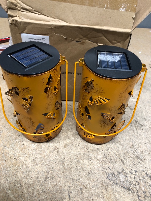 Photo 2 of 2 Pack Hanging Solar Lanterns Retro Solar Lights with Handle, Outdoor Solar Garden Lights Decor with Butterfly Pattern for Yard Tree Lawn Fence Patio-Yellow