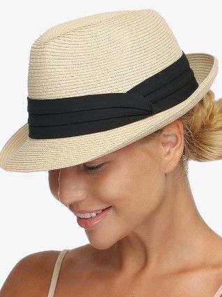 Photo 1 of FURTALK Fedora Straw Sun Hat for Men Women Foldable Roll Up Short Brim Trilby Hat Panama Beach Hat UPF 50+