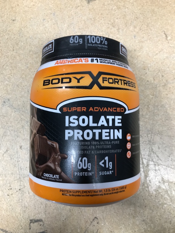 Photo 2 of Body Fortress Super Advanced Isolate Protein, Chocolate Protein Powder Supplement Low Reduced Fat &, Low Carbohydrates, Low Sugar 1-1.5lb. Jar, Pack of 1