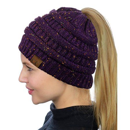 Photo 1 of C.C BeanieTail Soft Stretch Cable Knit Messy High Bun Ponytail Beanie Hat Confetti Purple
