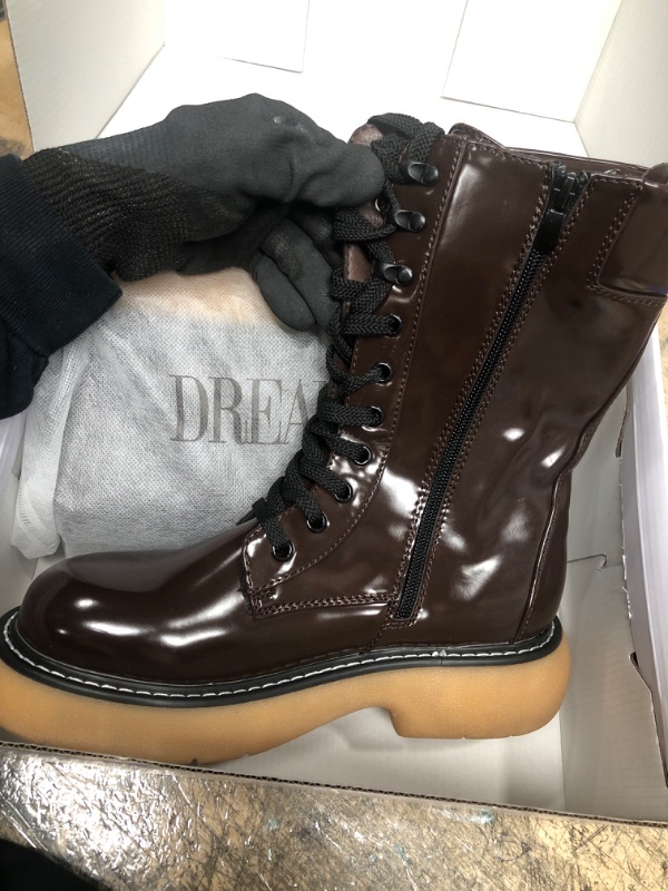 Photo 2 of DREAM PAIRS Women's Platform Combat Boots, Chunky Lug Sole Lace Up Leather Boots, Mid Calf Boots Size 7 Brown