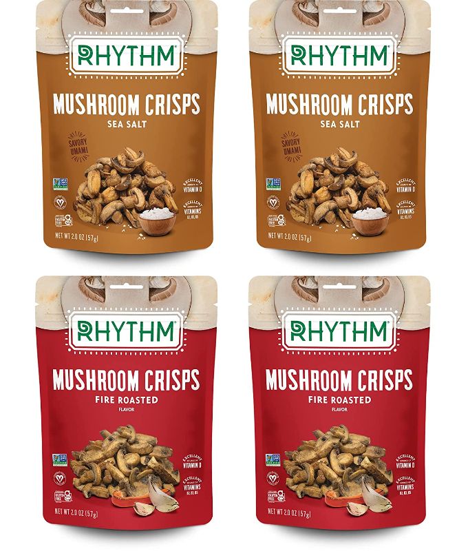 Photo 1 of *Expires May 3 2023* Rhythm Superfoods Mushroom Crisps Variety Pack - Salted and Fire Roasted - Non-GMO, 2.0 Oz (Pack of 4), Vegan/Gluten-Free Superfood Snacks
